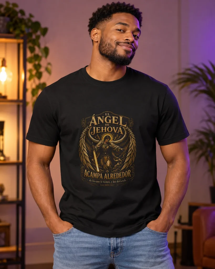Ángel protector con espada baja – camiseta negra