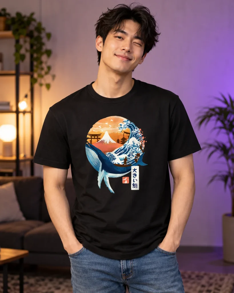 Ballena en paisaje japonés – camiseta negra