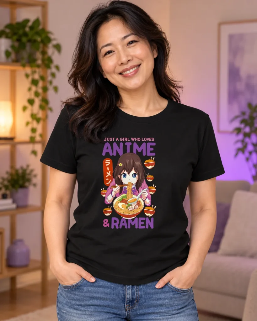 Chica anime y ramen – camiseta negra