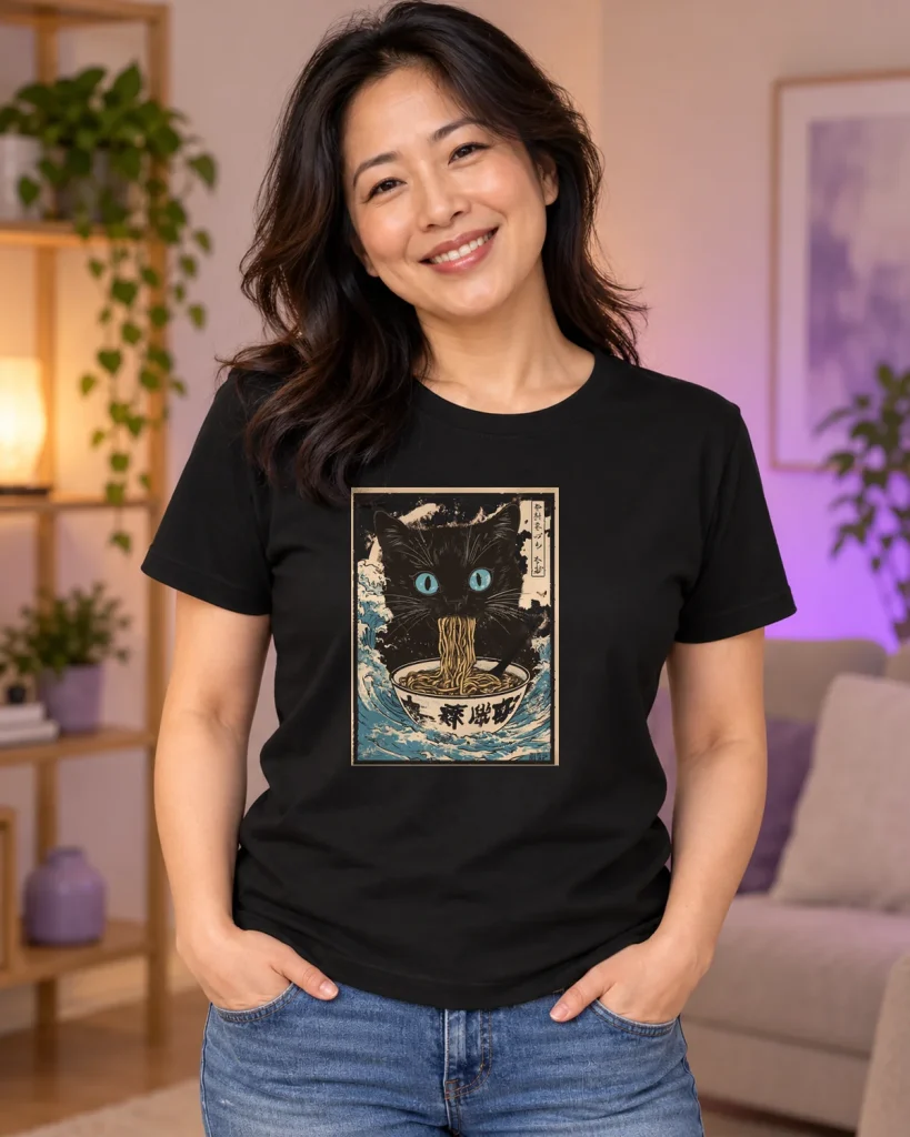 Gato negro con ramen – camiseta negra