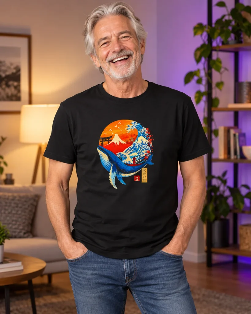 Ballena y gran ola – camiseta negra