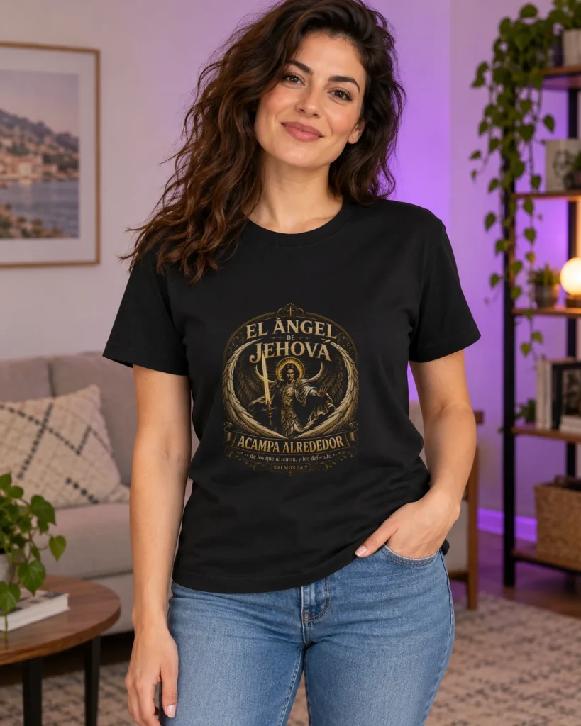 Ángel protector con espada alta – camiseta negra