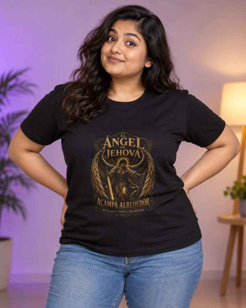 Ángel protector con espada baja – camiseta negra puesta
