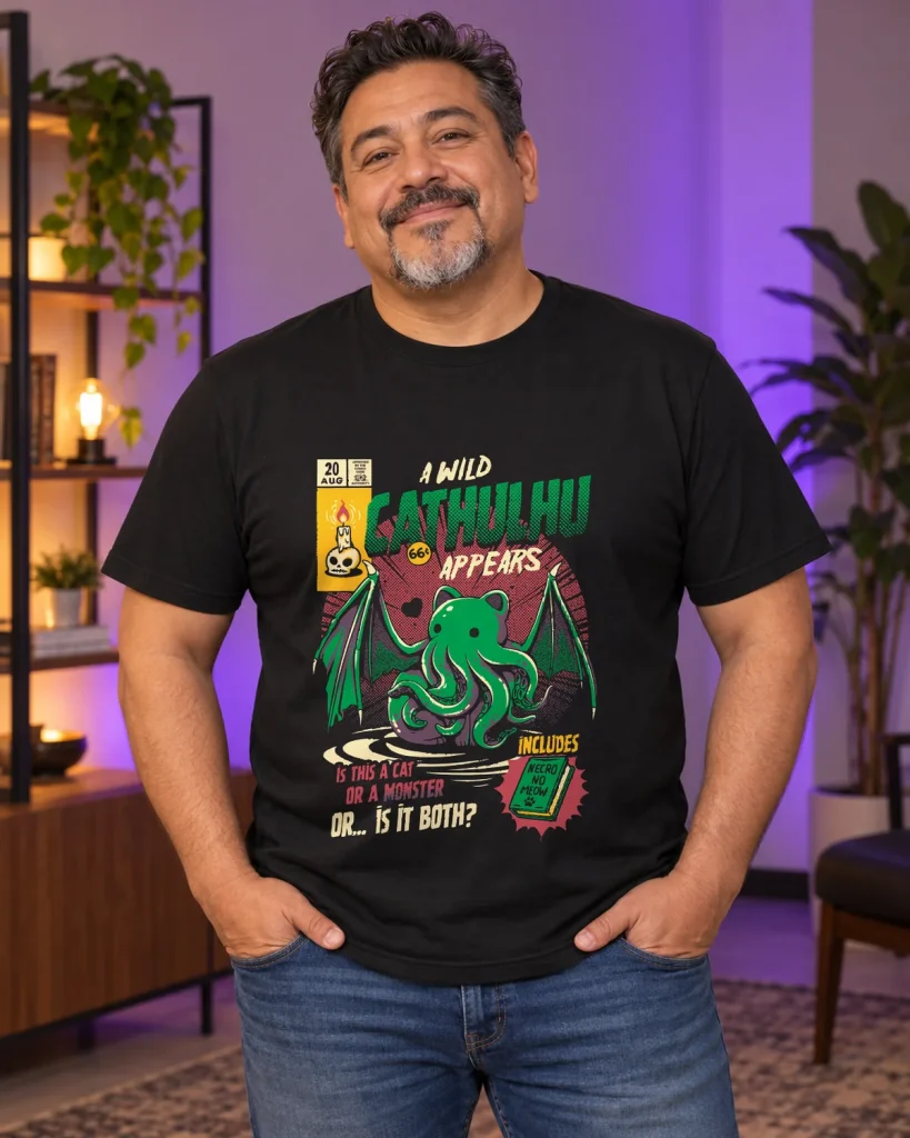 Monstruo marino gatuno – camiseta negra puesta