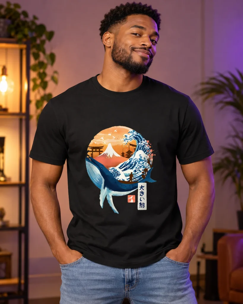 Ballena en paisaje japonés – camiseta negra puesta