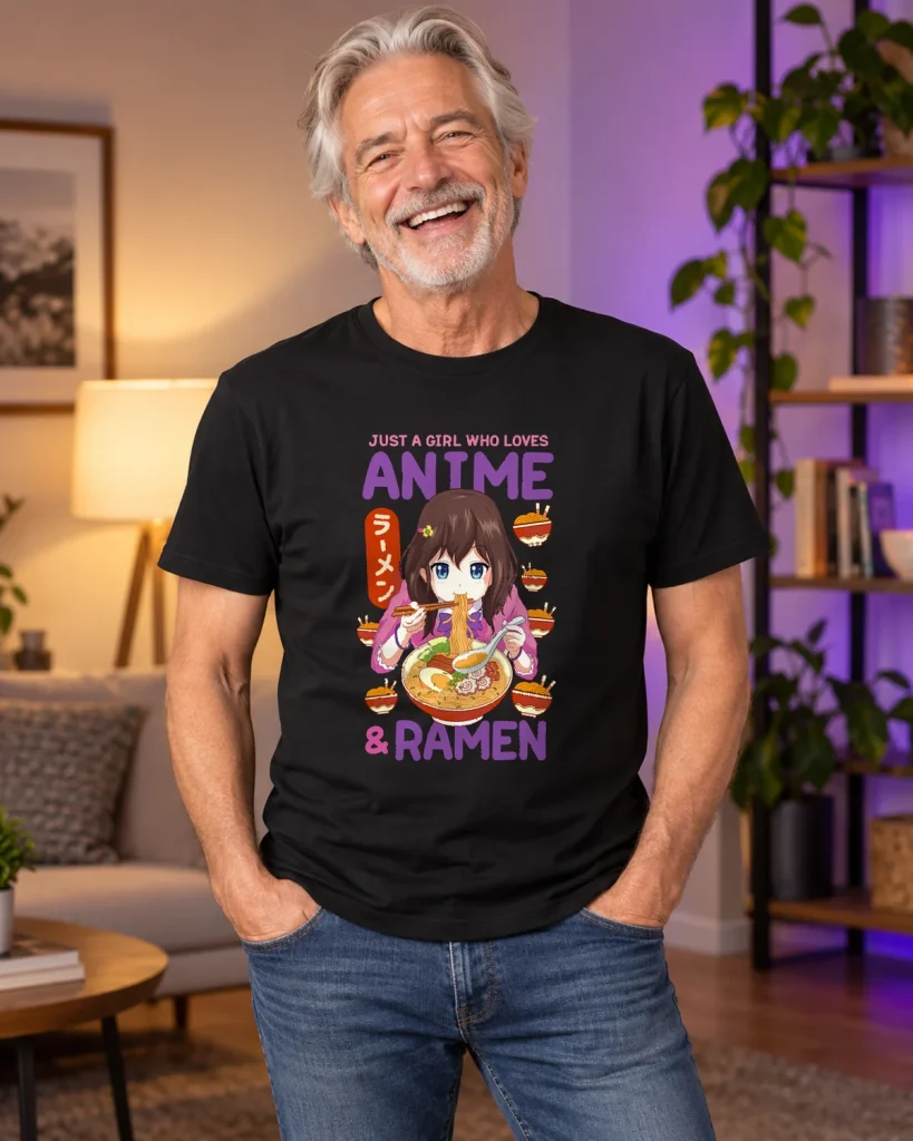 Chica anime y ramen – camiseta negra puesta