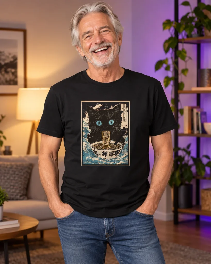 Gato negro con ramen – camiseta negra puesta