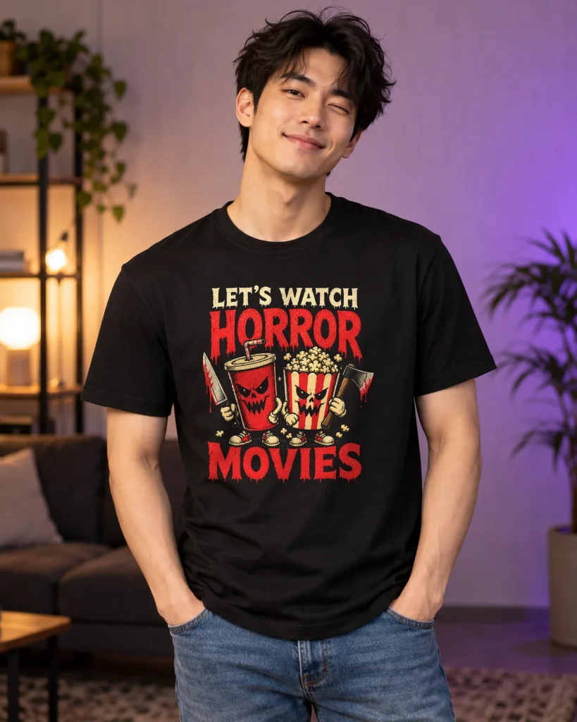 Palomitas de terror – camiseta negra puesta