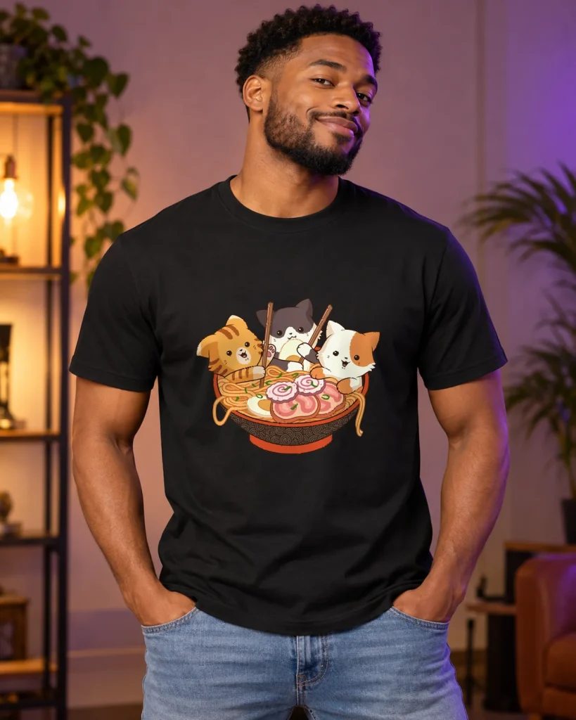 Ramen con gatos – camiseta negra puesta