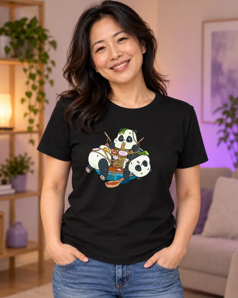 Ramen con pandas – camiseta negra puesta