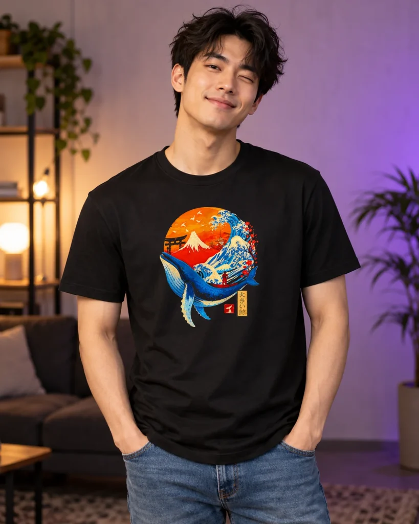 Ballena y gran ola – camiseta negra puesta