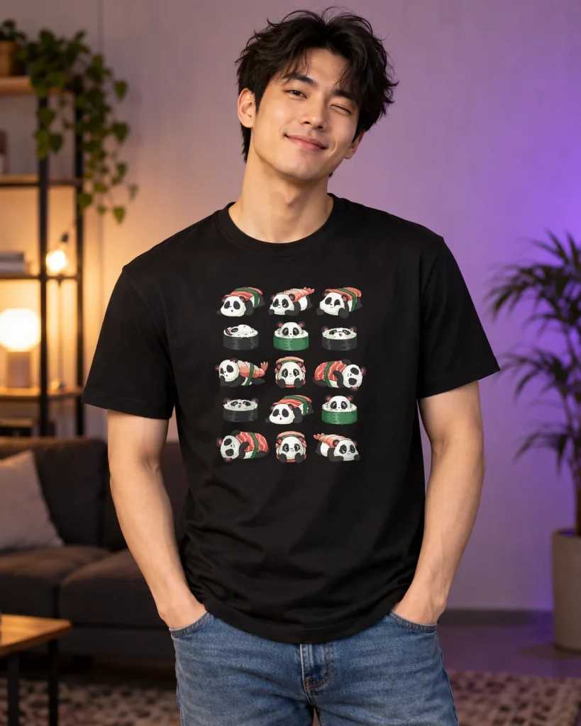 Pandas de sushi – camiseta negra puesta