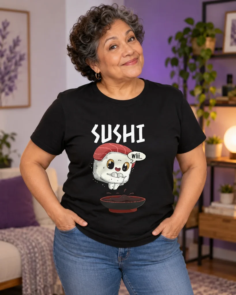 Sushi con esqueleto – camiseta negra puesta