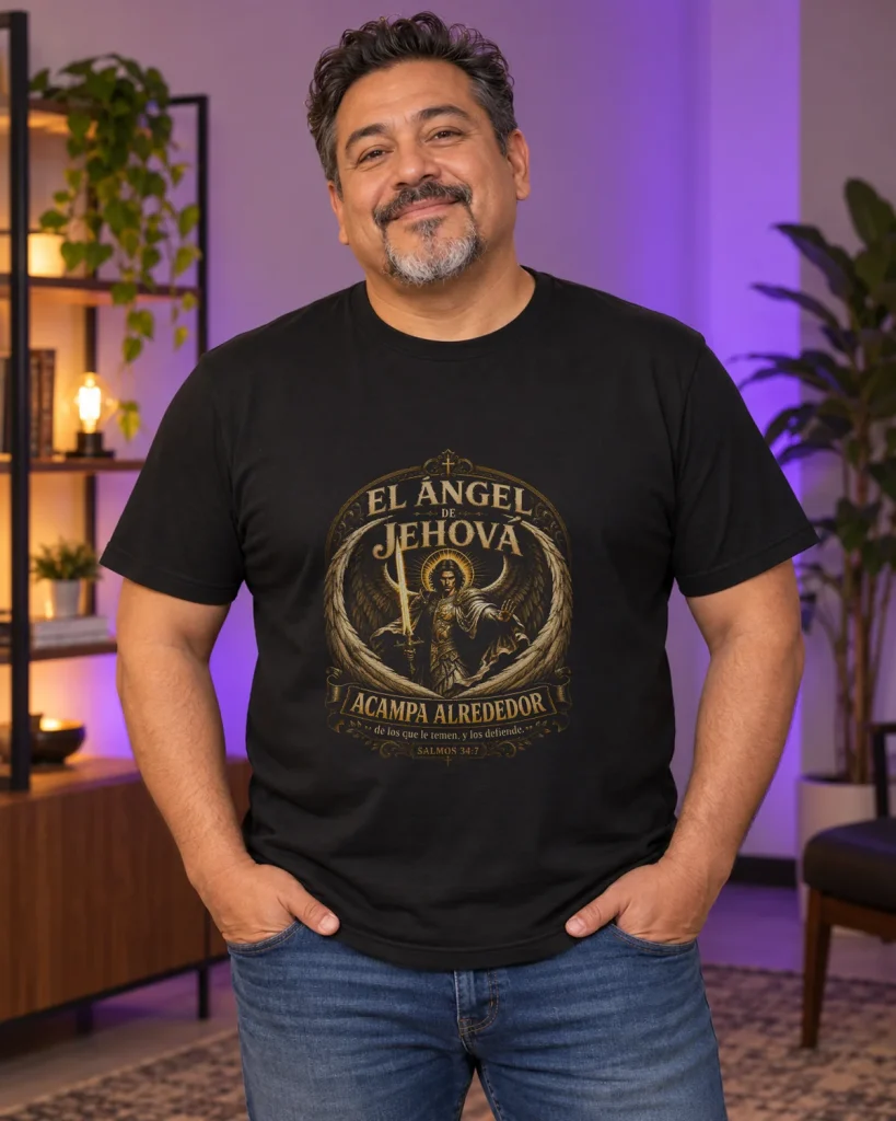 Ángel protector con espada alta – camiseta negra puesta