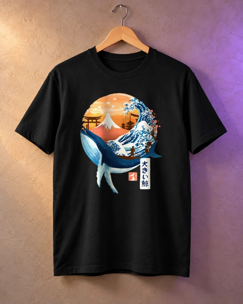 Ballena en paisaje japonés – camiseta en percha