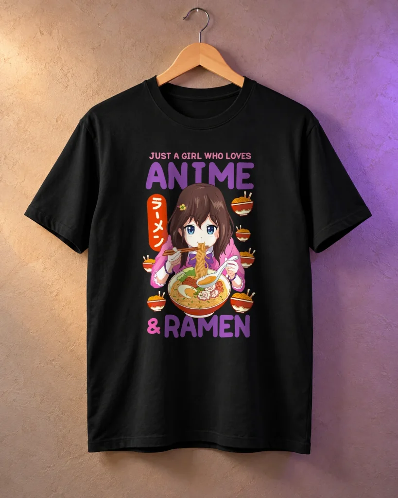 Chica anime y ramen – camiseta en percha