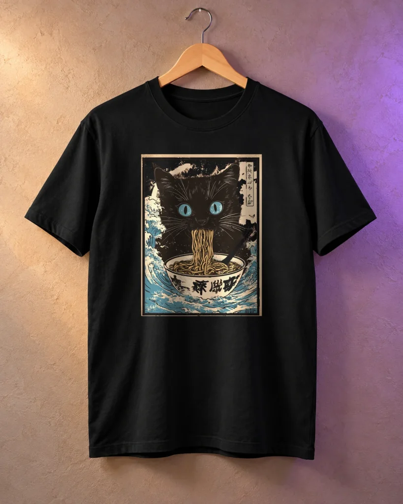 Gato negro con ramen – camiseta en percha