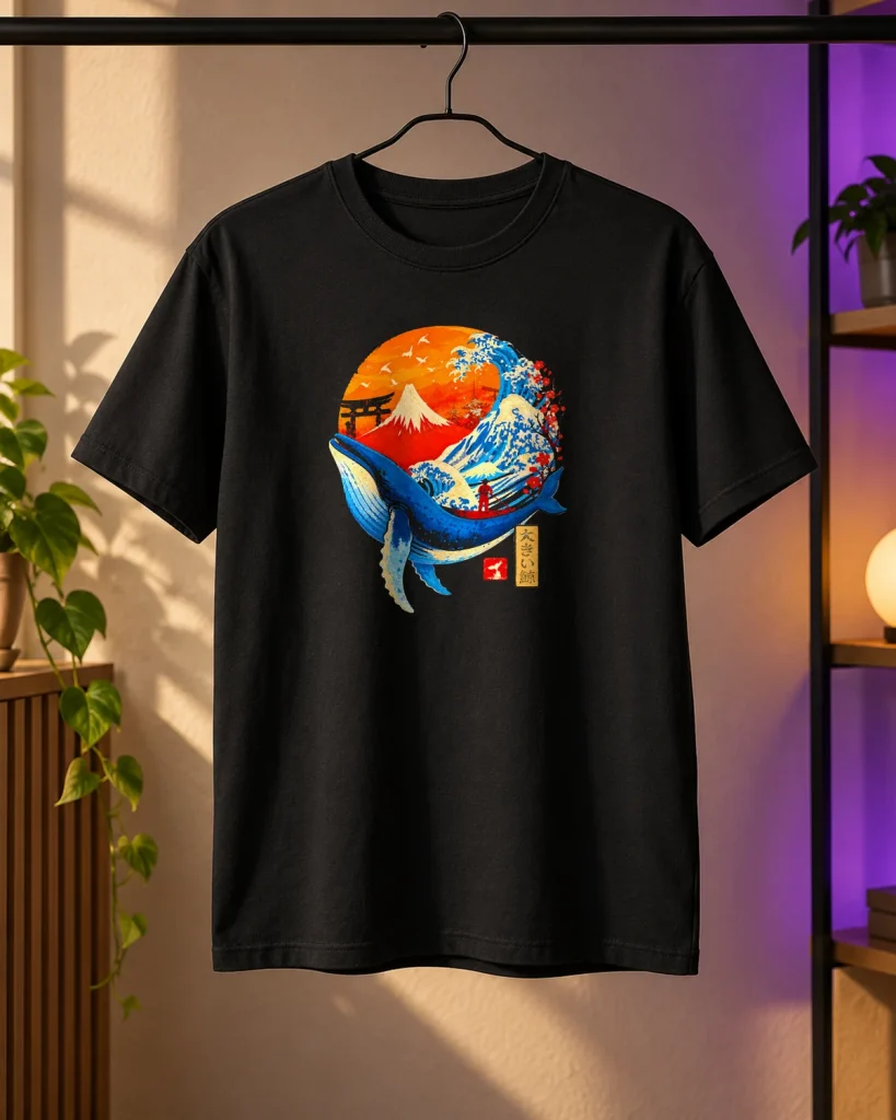 Ballena y gran ola – camiseta en percha