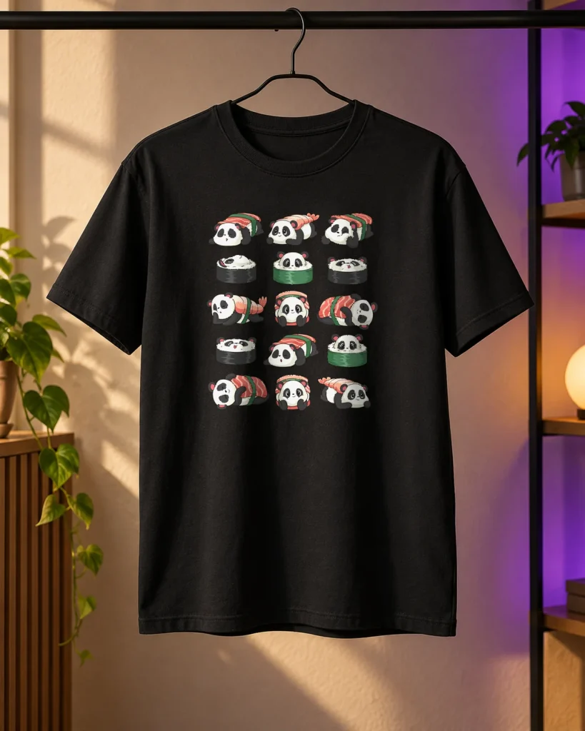 Pandas de sushi – camiseta en percha