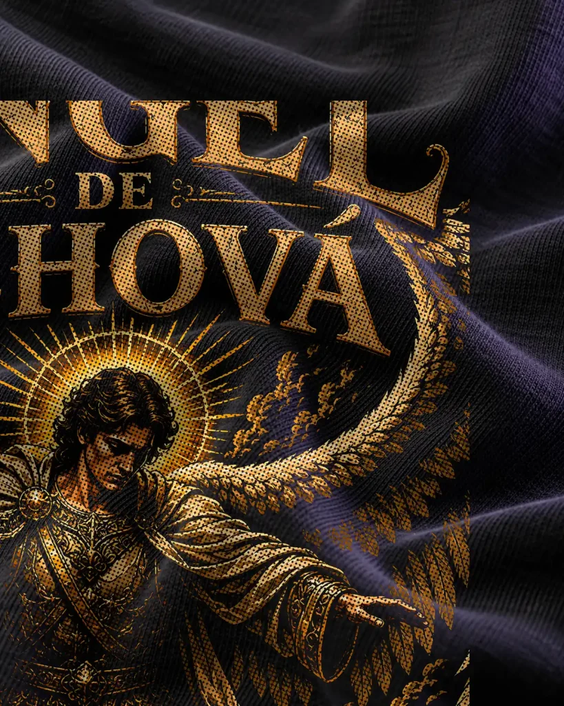 Ángel protector con espada baja – detalle del estampado
