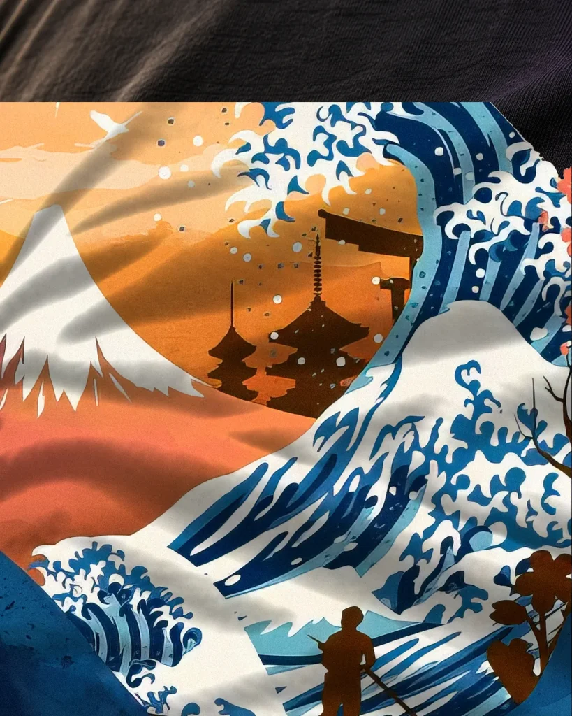 Ballena en paisaje japonés – detalle del estampado