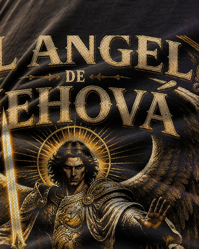 Ángel protector con espada alta – detalle del estampado
