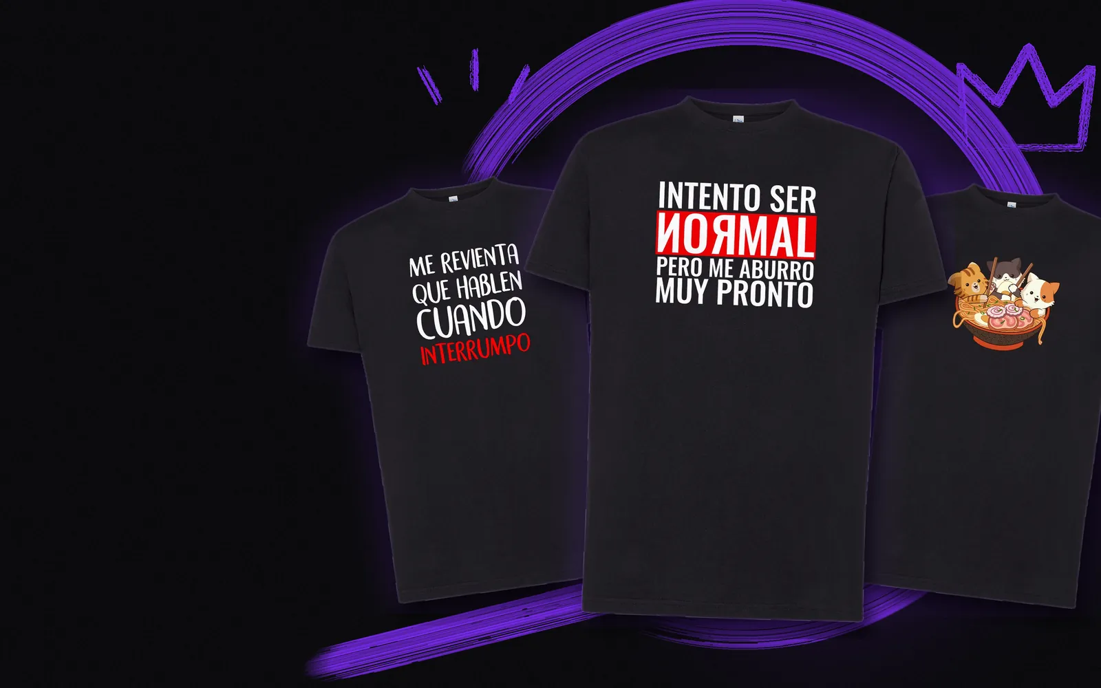 Tres camisetas negras de Molongo: Intento ser normal pero me aburro muy pronto, Me revienta que hablen cuando interrumpo y gatos comiendo ramen