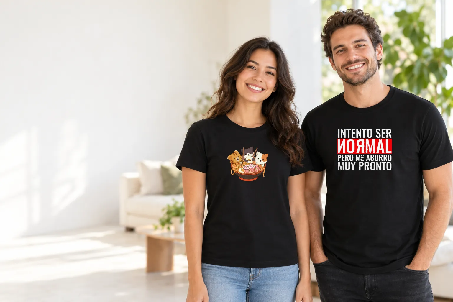 Dos personas sonrientes con camisetas negras de Molongo: gatos comiendo ramen e Intento ser normal pero me aburro muy pronto