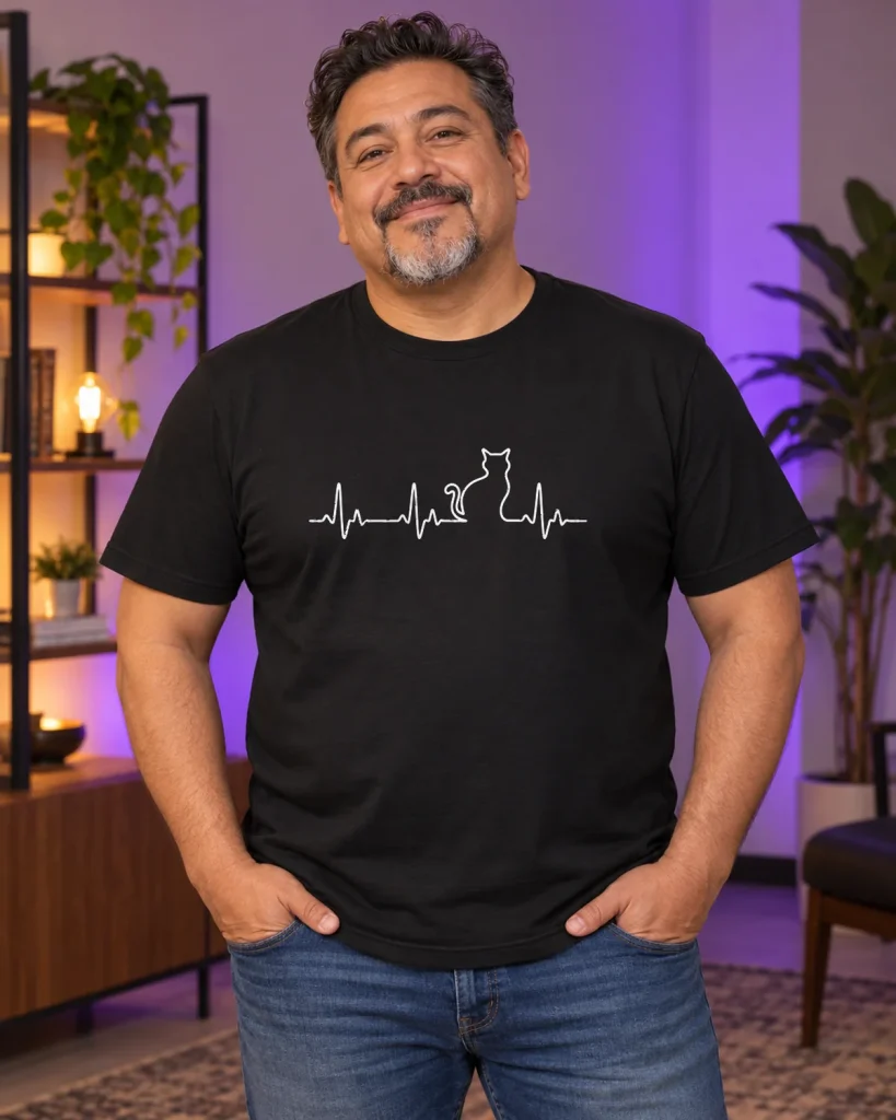 Latido felino – camiseta negra puesta