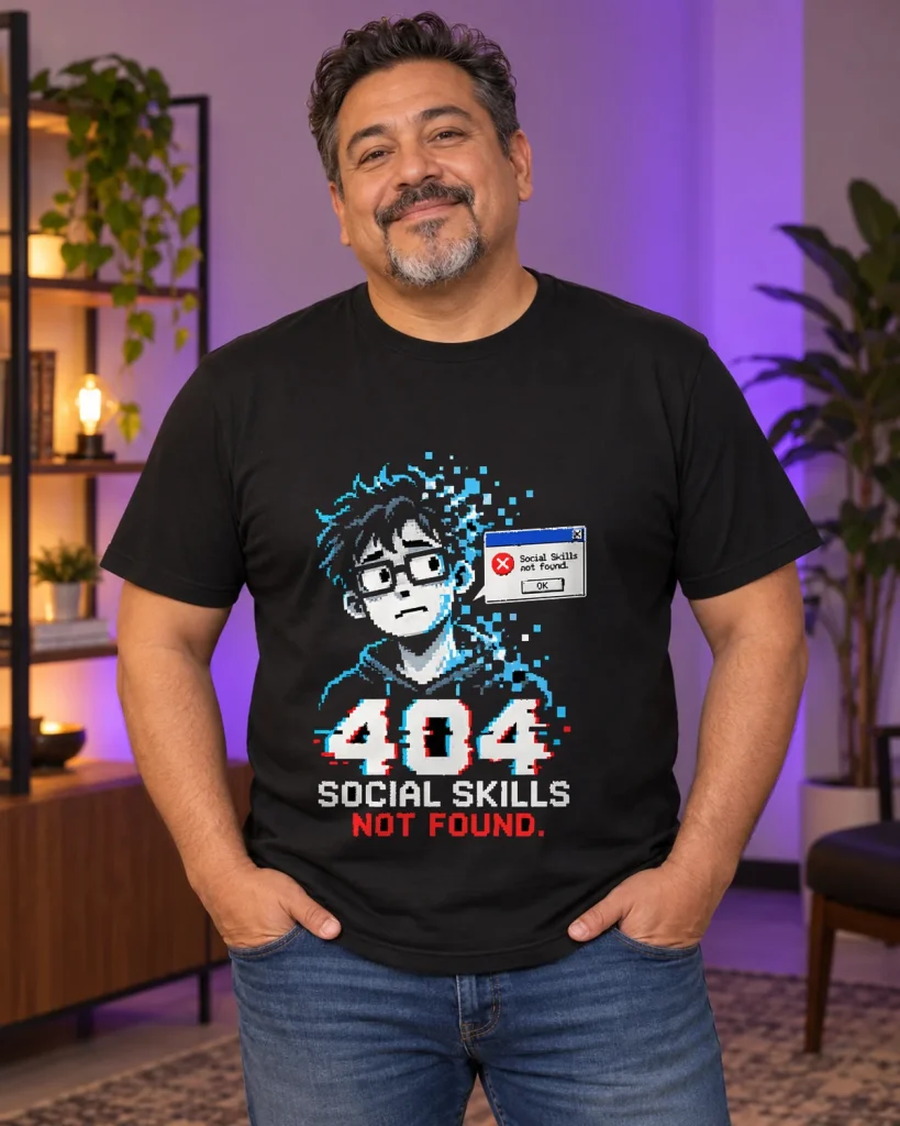 Error 404: Social skills not found – camiseta negra puesta