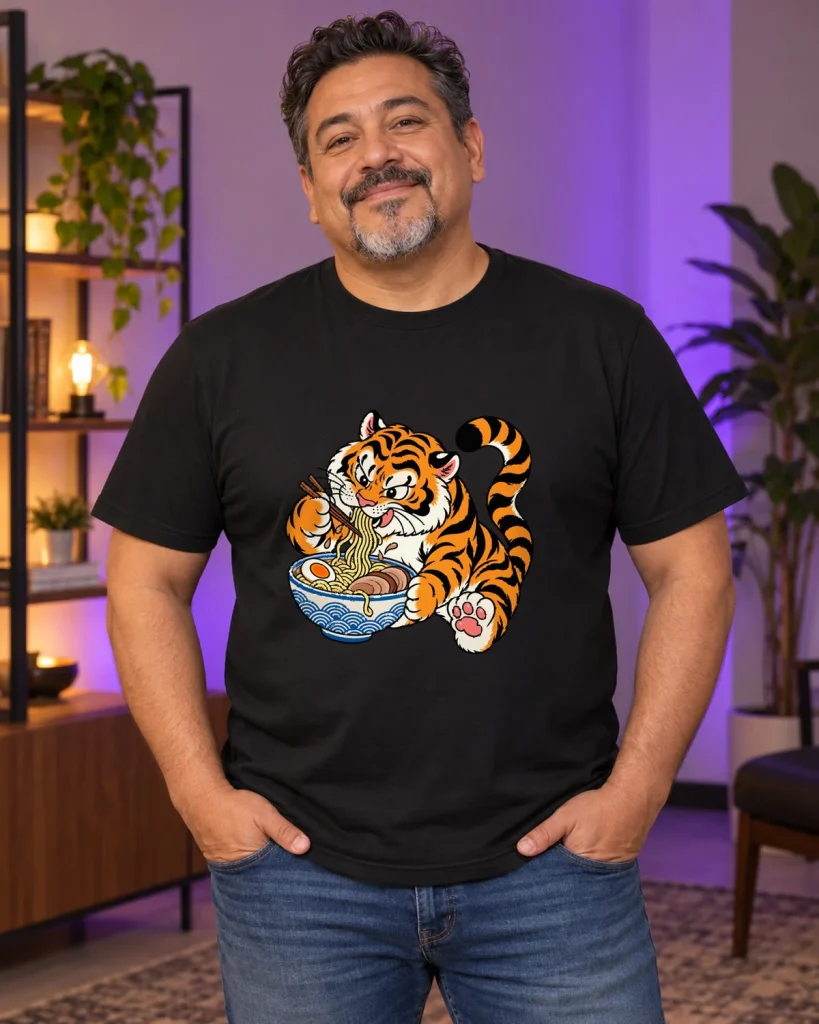 Tigre ramen travieso – camiseta negra puesta