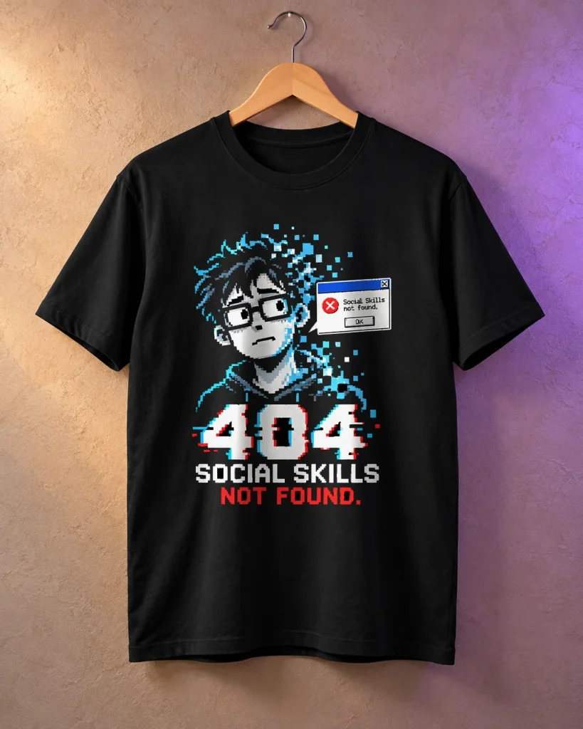 Error 404: Social skills not found – camiseta en percha