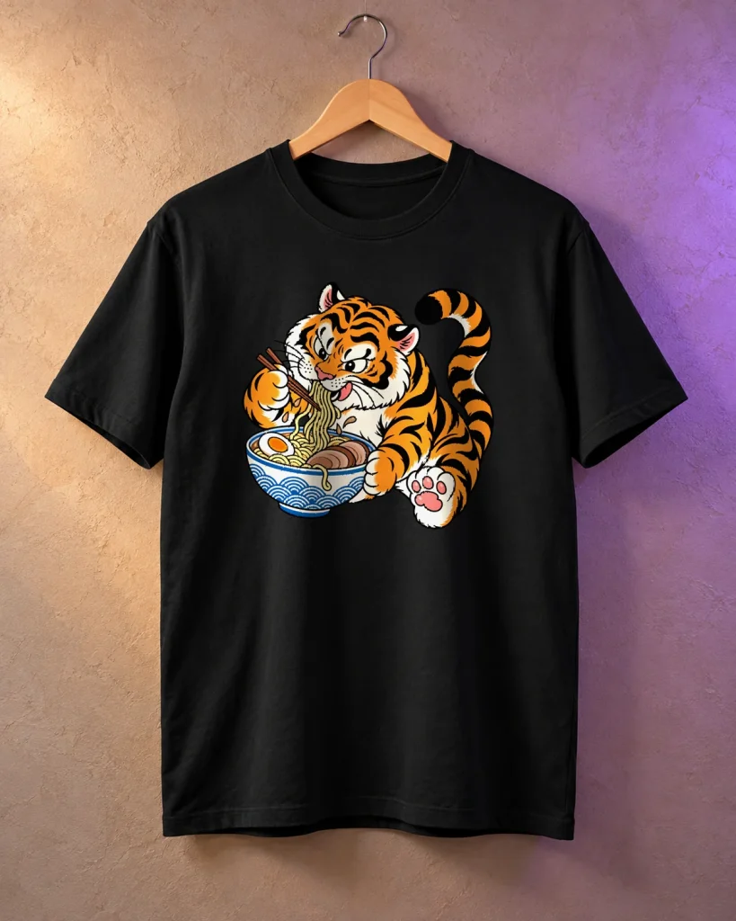 Tigre ramen travieso – camiseta en percha